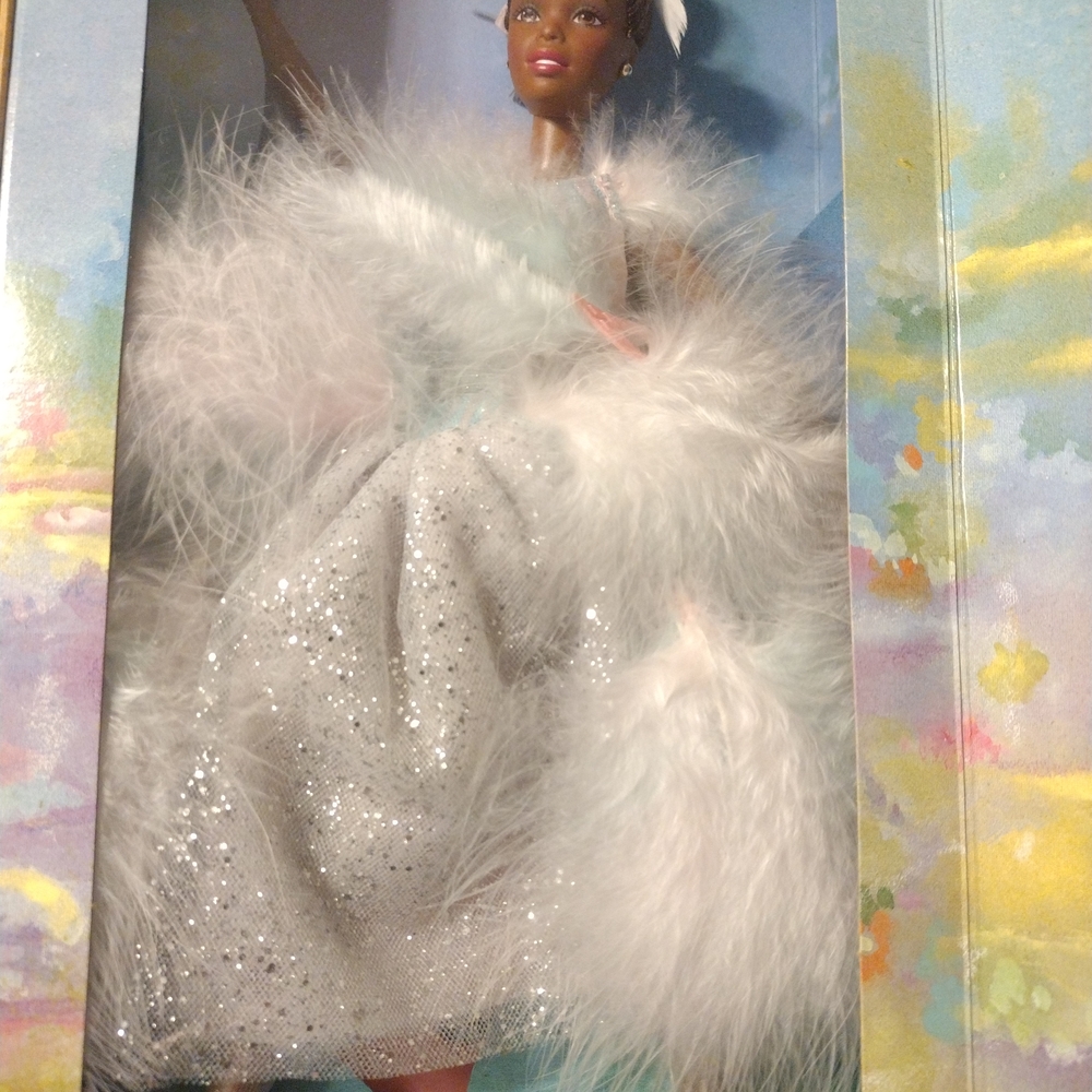 Barbie Doll in Sparkling Silver Gown with White Feather Boa - Picture 2 of 3